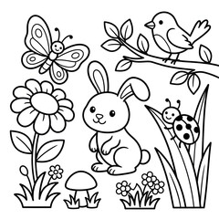 Fototapeta premium Adorable cartoon bunny with flowers and carrots in spring garden.