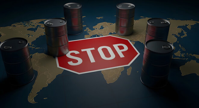Oil Barrels Stop Sign World Map, Energy Crisis and Trade Sanctions Concept
