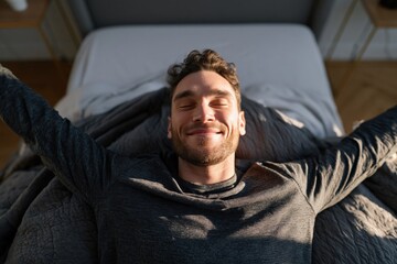 Fototapeta premium Man smiling with sunlight on his face while stretching in bed for morning background wallpaper and wellness banner design