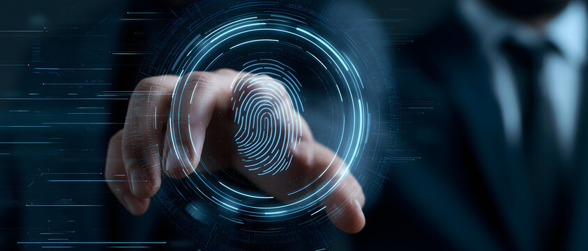 Fingerprint scan with glowing blue circular interface and partial business suit access control authentication biometric biometrics graphic cyber security data protection digital finger