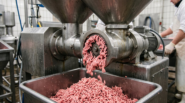 An industrial stainless steel meat grinder machine in operation, extruding ground meat into a large tub within a clean food processing facility. A worker is visible in the background.