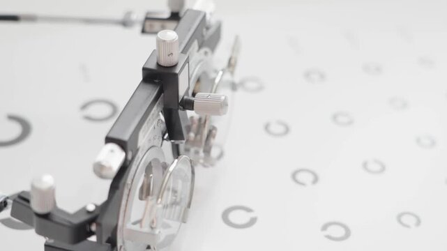 Close-up shot of a medical eye testing device. Metal components and adjustable lenses dominate the frame. White background features circular letter charts