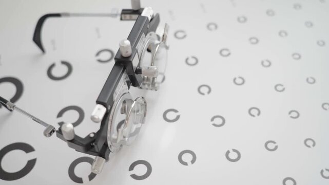 Black-framed vision testing glasses sit on a white chart. Circular markers decrease in size across the paper. Clean clinical environment for eye examinations. Medical equipment used for vision tests
