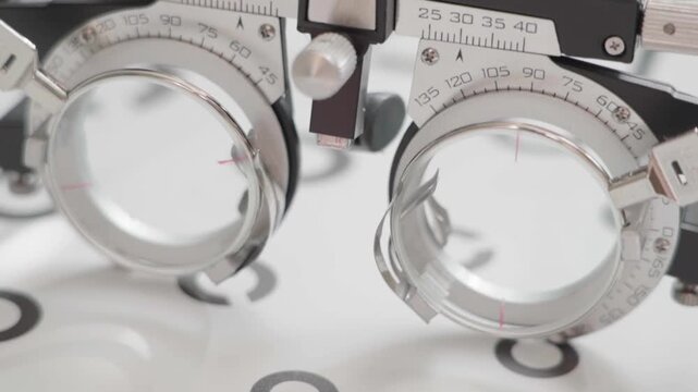 Close-up of eye testing apparatus. Metallic lenses and adjustable arms dominate the frame. Measurement markers line the device's surface. Used in optometric examinations