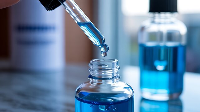 Blue liquid being carefully transferred into a glass bottle using a dropper for precise measurements in laboratory settings