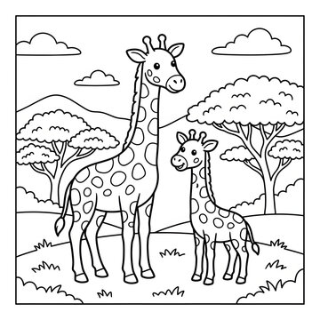 Cartoon giraffes and zebras in a playful savanna scene.