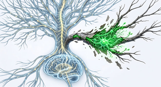 Conceptual digital illustration of a human brain connected to a glowing neural tree with a branch breaking open to reveal vibrant green neurons