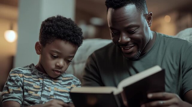 An intimate moment shared between a father and child through storytelling with a book.
