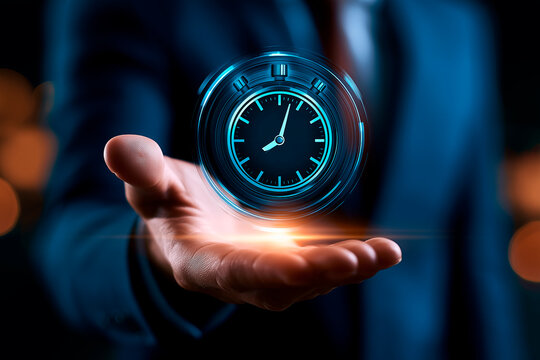 Executive manager holding glowing digital timer stopwatch hologram for project deadline