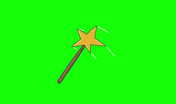 ​Animated cartoon magic wand waving with sparkle effect on green screen.