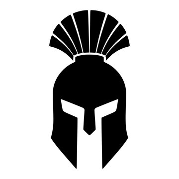 Minimalist black silhouette of an ancient Spartan gladiator helmet with crest plume isolated on white background