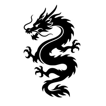 Traditional black Chinese dragon silhouette vector illustration isolated on white, ideal for tattoo designs, branding, and lunar new year graphics.