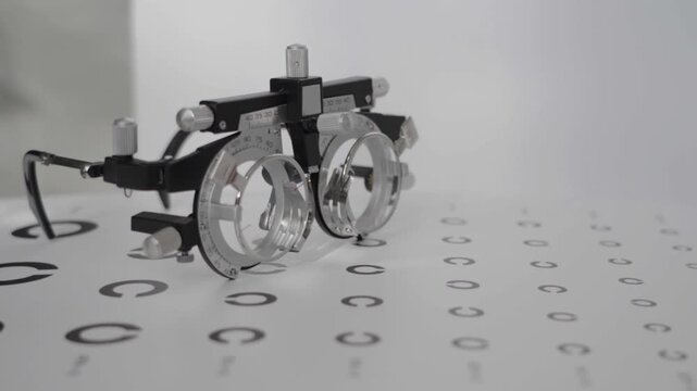 Close-up of adjustable eyeglasses with clear lenses. Silver metal frame features black hinges and adjustment knobs. Circular test chart patterns lie beneath