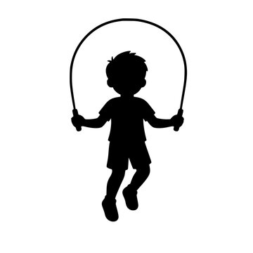 Minimalist black silhouette of a boy jumping rope isolated on white, ideal for fitness and childhood sports graphics.