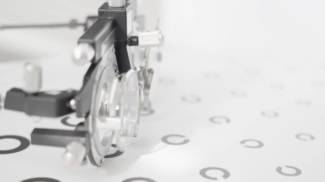 Close-up of medical trial frames on a white surface. Clear lenses show measurement markings. Eye chart with circular targets is visible below. Used in vision testing or eye examination procedures
