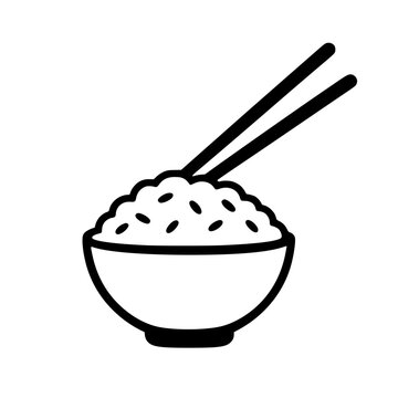 Minimalist black line vector rice bowl with chopsticks isolated on white for commercial food menu design
