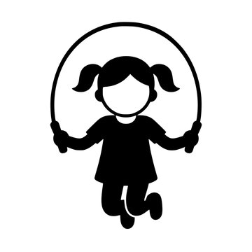 Minimalist black silhouette icon of a young girl jumping rope isolated on white background for health fitness design