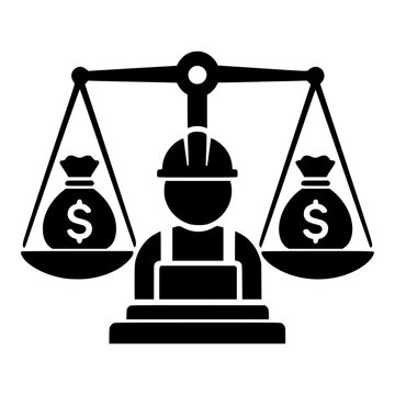 Construction worker icon with balance scale holding money bags representing fair wages labor law and building budget finance