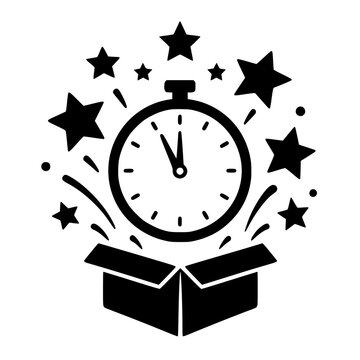 Minimalist black clock vector emerging from open box with festive stars for celebration and express delivery concepts.