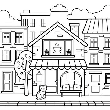 Black and white illustration of a cat in front of a house.
