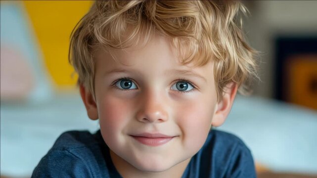 A young boy looking at the camera with bright blue eyes