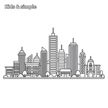 Black and white illustration of a city skyline with skyscrapers.