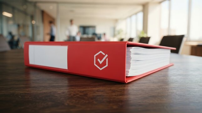 Professional red binder featuring a checklist icon on a dark wood desk surface.