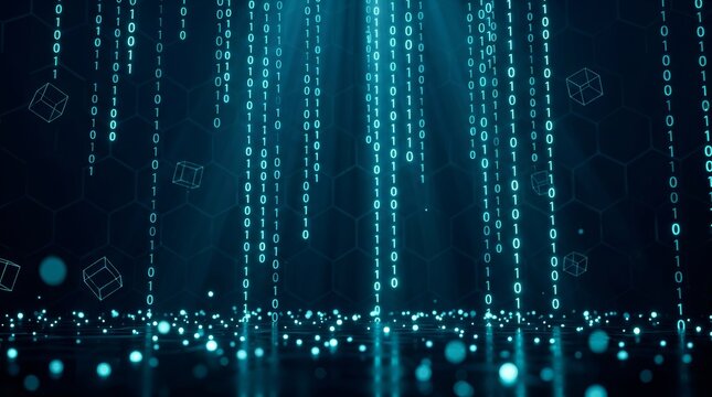 Digital binary code streams cascading in a futuristic cybersecurity environment.