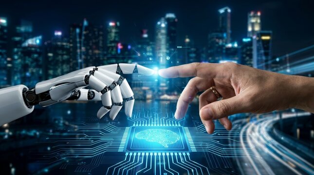 Machine Learning and Future Agentic AI Technology represented by a robotic hand and human finger.