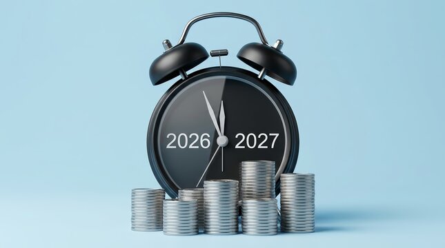 Concept of wealth management and retirement goals with an alarm clock showing the 2026 to 2027 transition.