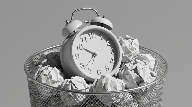Procrastination and delay concept featuring an alarm clock in a wastebasket with crumpled paper.