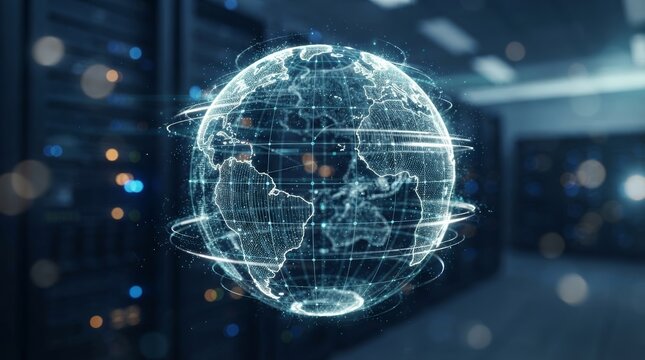 Digital global connectivity represented by a glowing wireframe earth with data streams and server racks.