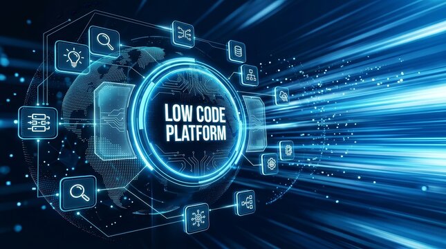 3D illustration showing a low code software development platform and digital technology concept.