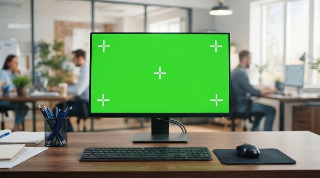 Empty coworking space featuring a computer showing a chroma key mockup template.