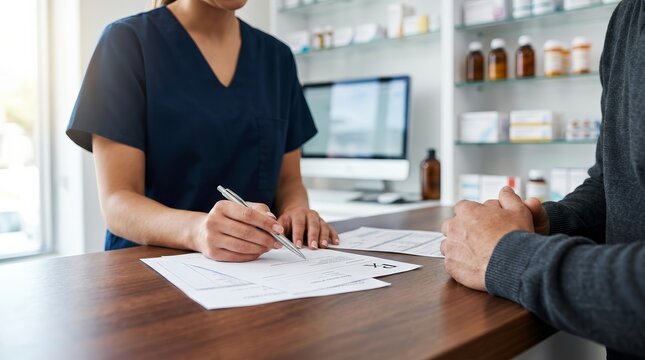 Pharmacist at a pharmacy counter providing consultation and explaining prescription information to a patient.