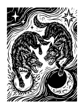 Valhalla Norse mythology Skoll and Hati wolves chasing sun and moon line art vector illustration