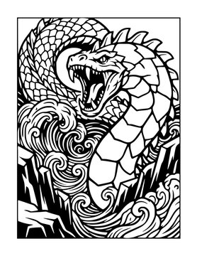 Valhalla Norse mythology Jormungandr Midgard serpent rising from sea line art vector illustration