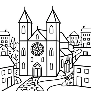Black and white illustration of a gothic style church.