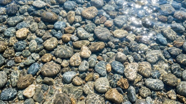 Clear Water Flowing Over Colorful Smooth River Rocks.