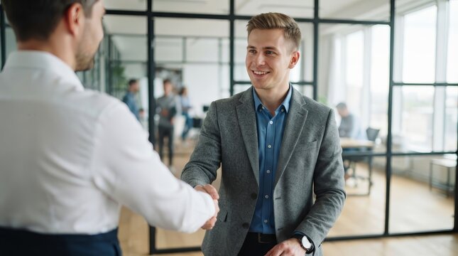 Two professionals shaking hands to signify a successful agreement in a modern office.