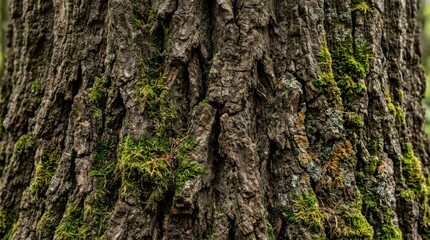 Obraz premium Close-up of a textured tree bark with green moss growing on it.