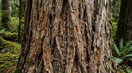 Obraz premium Close-up of a textured tree trunk in a lush green forest.