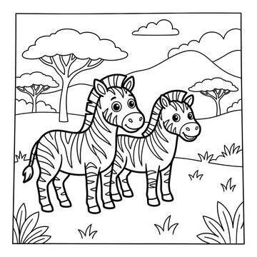 Two cartoon zebras standing together in a field.