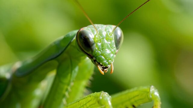 Macro portrait of green praying mantis head.