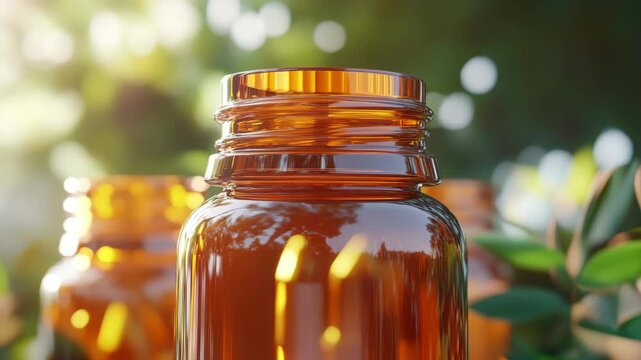 Close-up of a glass bottle with orange liquid, possibly juice or syrup, outdoors under sunlight.