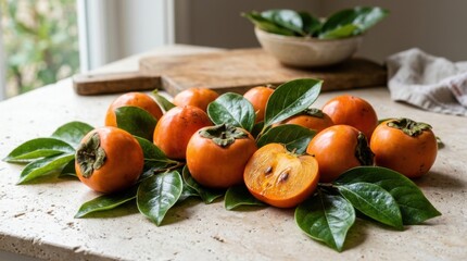 Obraz premium Fresh Ripe Persimmons with Green Leaves on a Textured Surface.