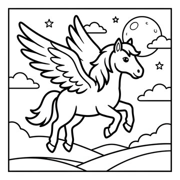 Black and white illustration of a playful cartoon unicorn.