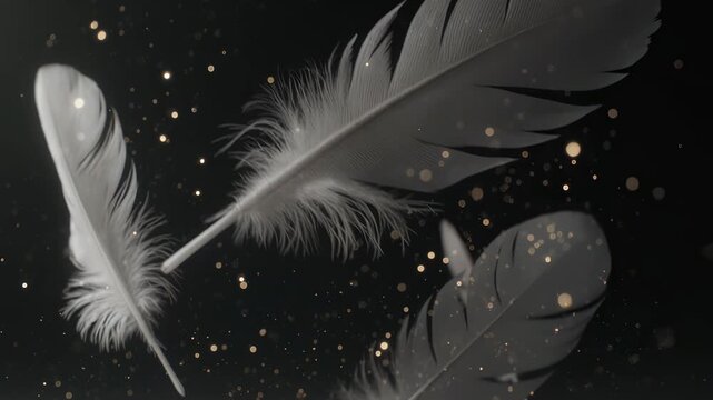 Ethereal White Feathers Floating in Zero Gravity with Soft Glowing Particles and Dreamy Light
