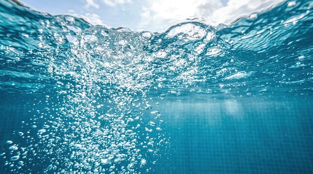 Underwater view of air bubbles rising to the surface in clear blue pool water with sunlight filtering through