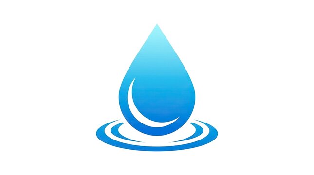 Blue water drop icon with ripples, liquid droplet symbol isolated on white background